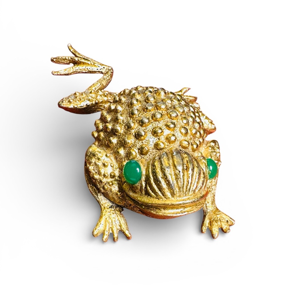 Vintage RARE Erwin Pearl STAMPED/Green Jade Eyed  Heavy Brass Brooch/Excellent